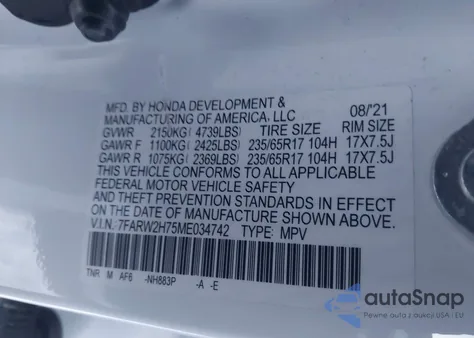 2021 Honda Cr-V Awd Special Edition из США, поврежденный, VIN 7FARW2H75ME034742